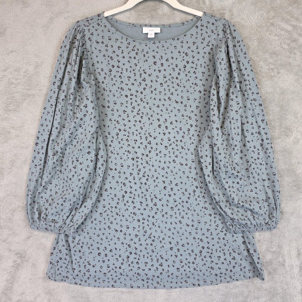 J. Jill Blouse Womens Small Tall Blue Spotted Balloon Sleeve Tunic Top Cotton